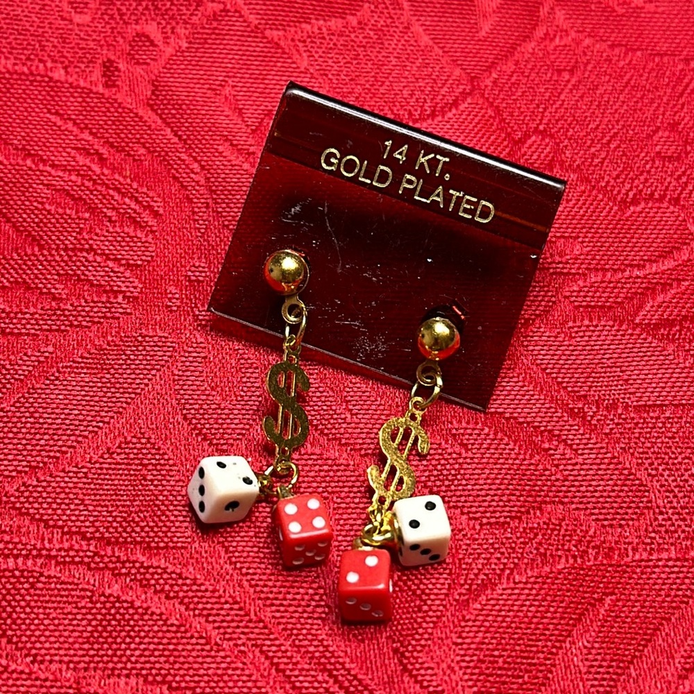 14KT Gold Plated Earrings (Money Sign & Dice) NEW